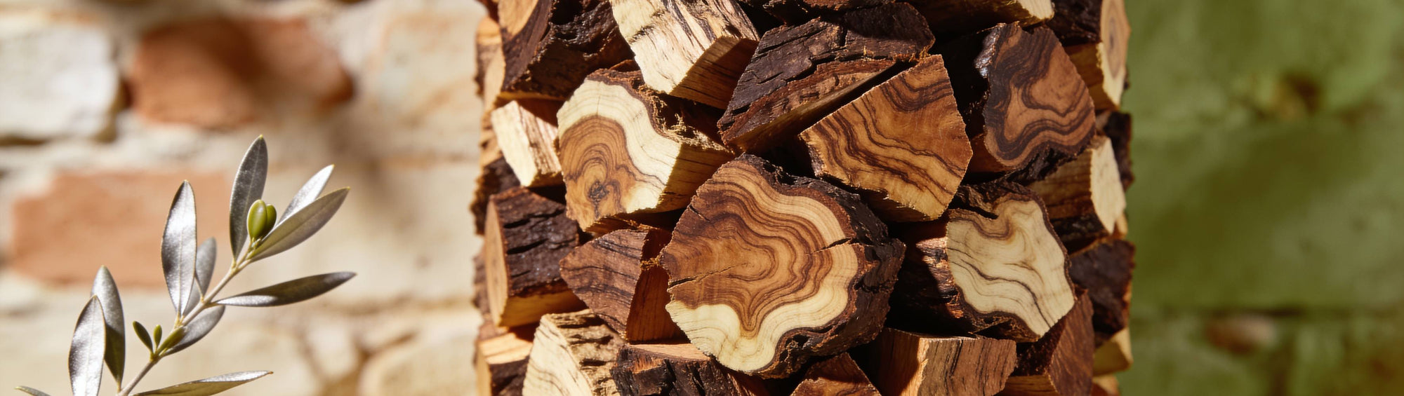 Olive wood chunks with silvery-green streaked grain in soft natural light