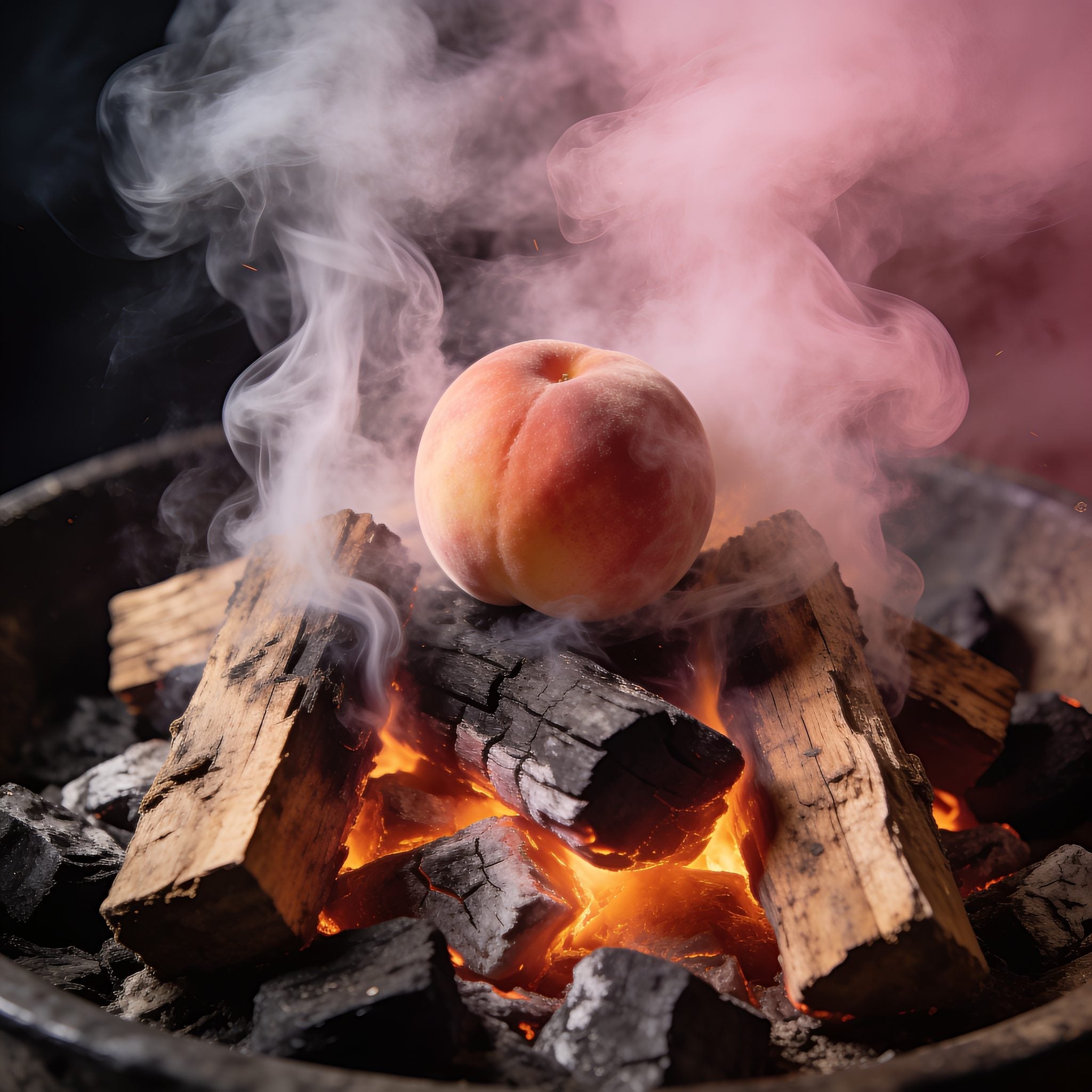 Natural Smoke Peach wood chunks smoking on hot coals