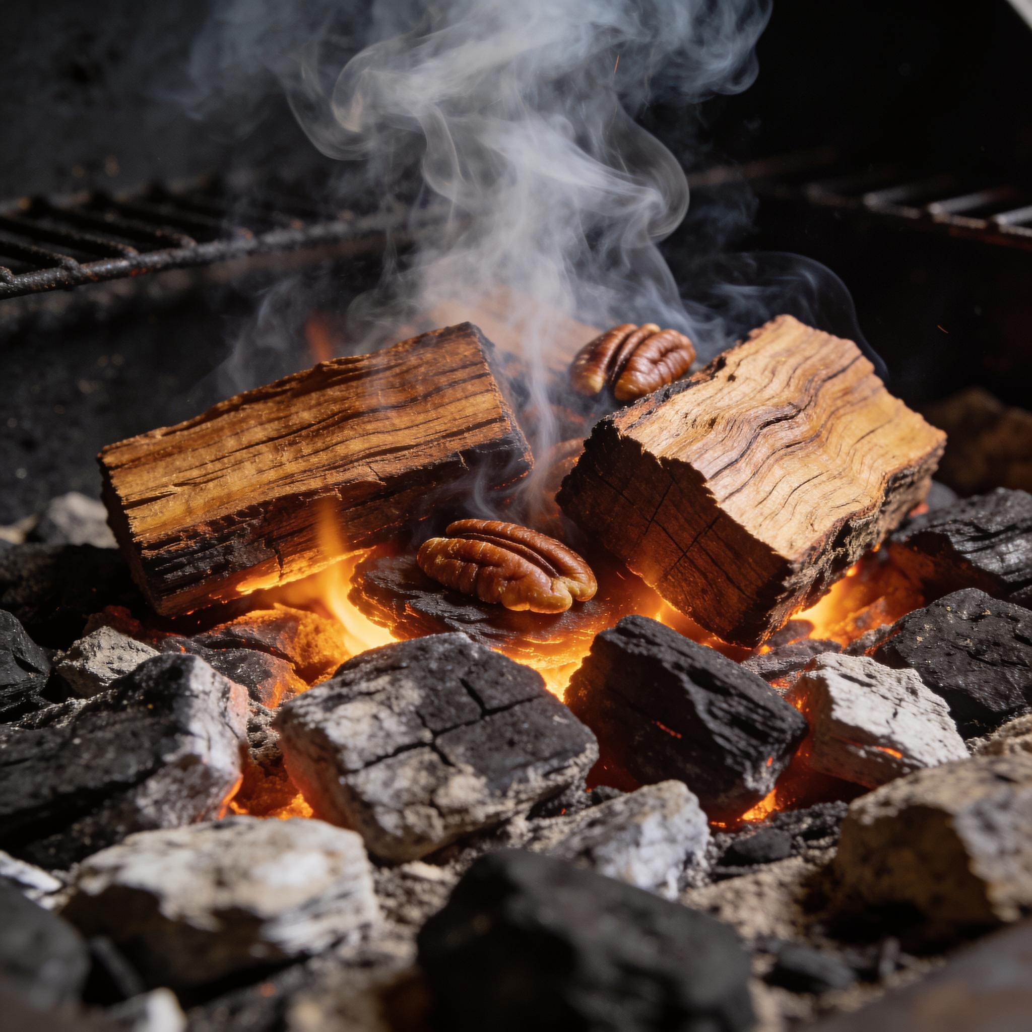 Natural Smoke Pecan wood chunks smoking on hot coals