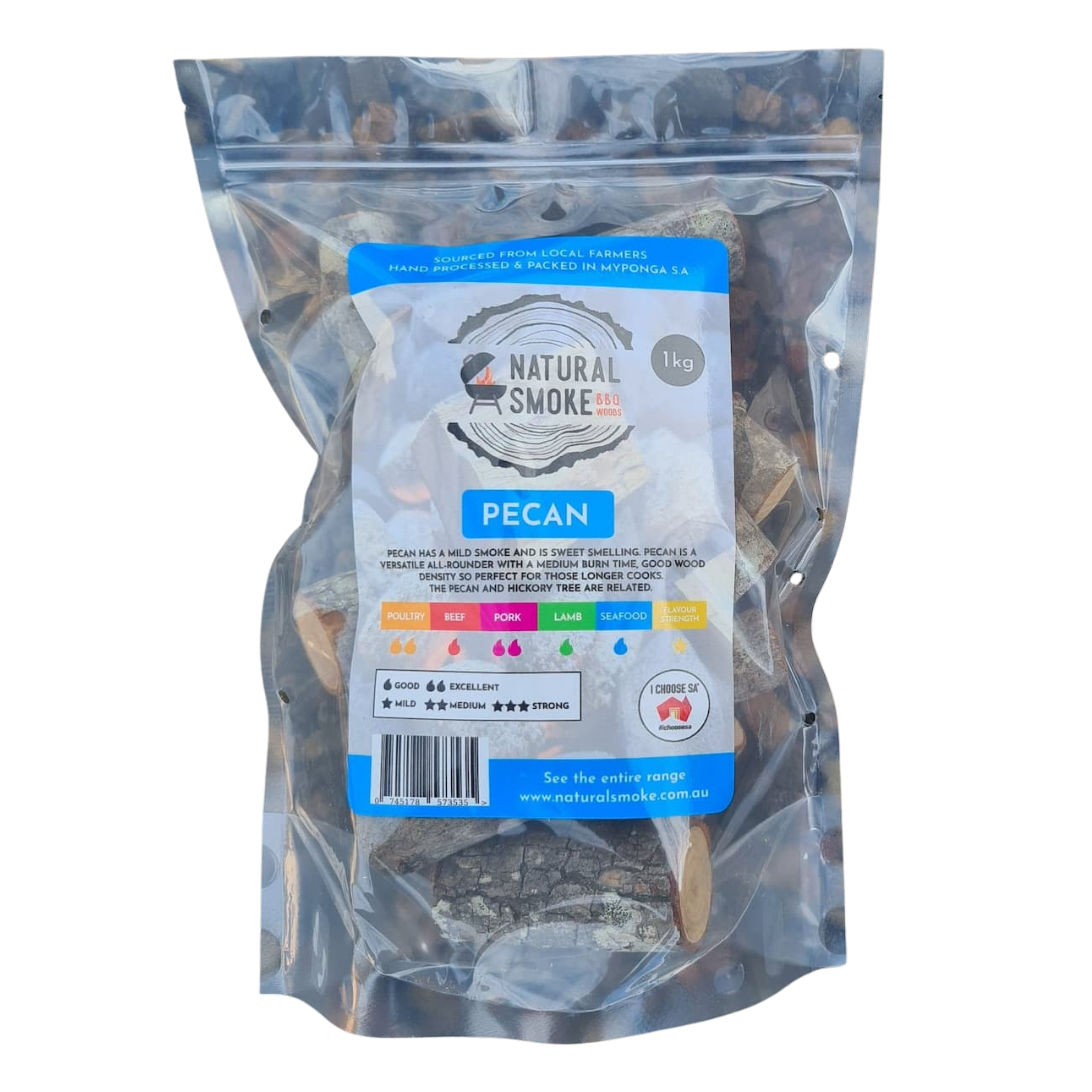 Natural Smoke BBQ Woods Pecan wood chunks 1kg bag — front of bag on transparent background