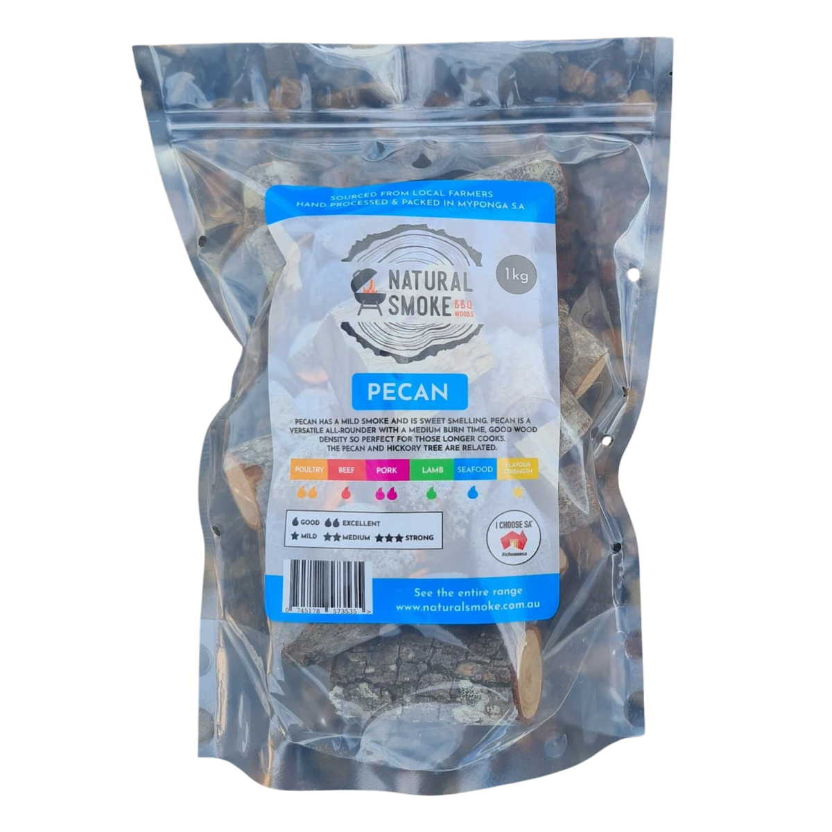 Natural Smoke BBQ Woods Pecan wood chunks 1kg bag — front of bag on transparent background