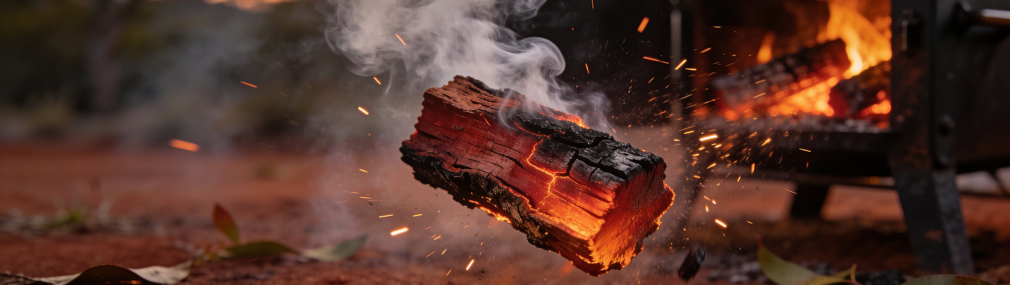 Split red gum wood chunks smoking gently on red earth in Australian eucalypt bushland