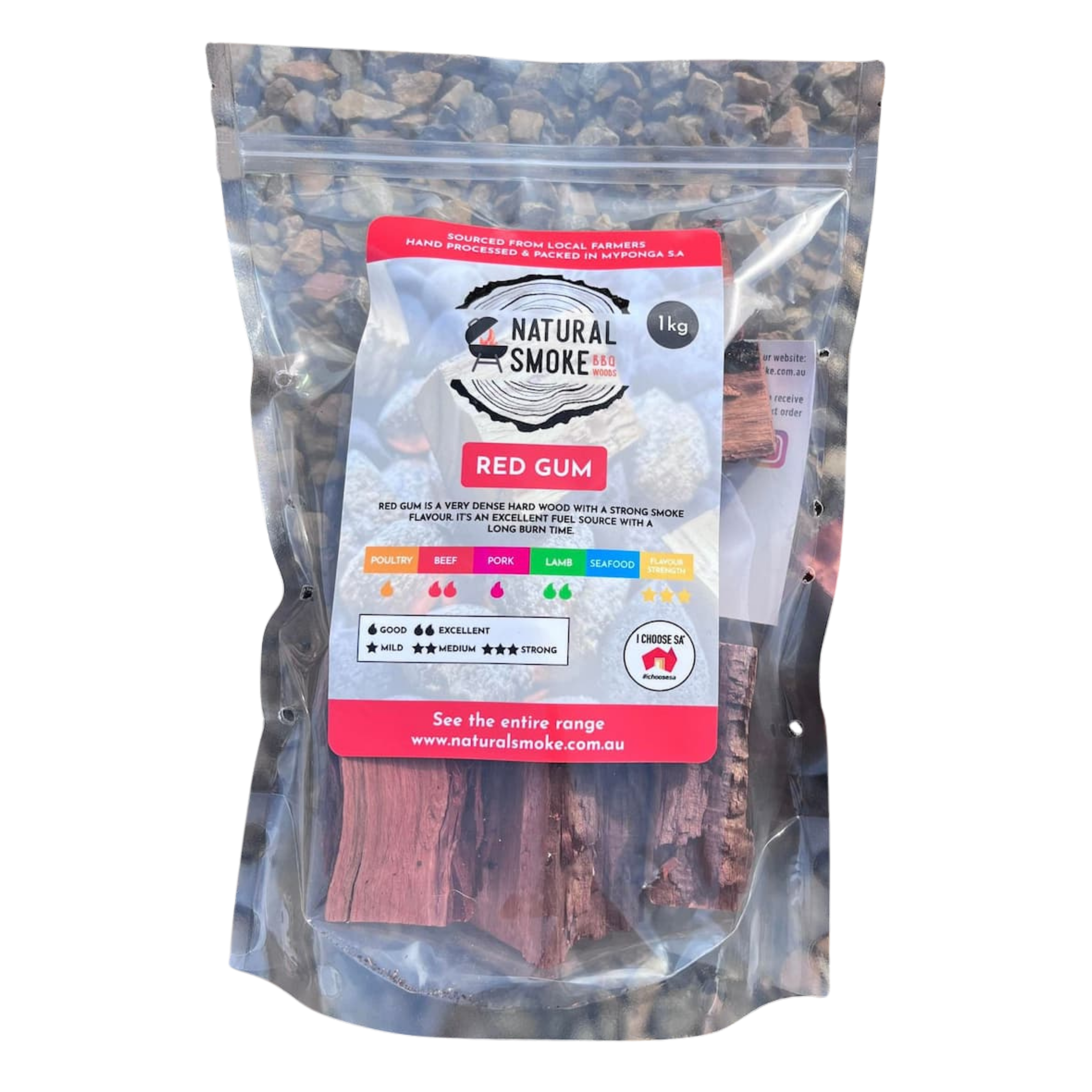 Natural Smoke BBQ Woods Red Gum wood chunks 1kg bag — front of bag on transparent background