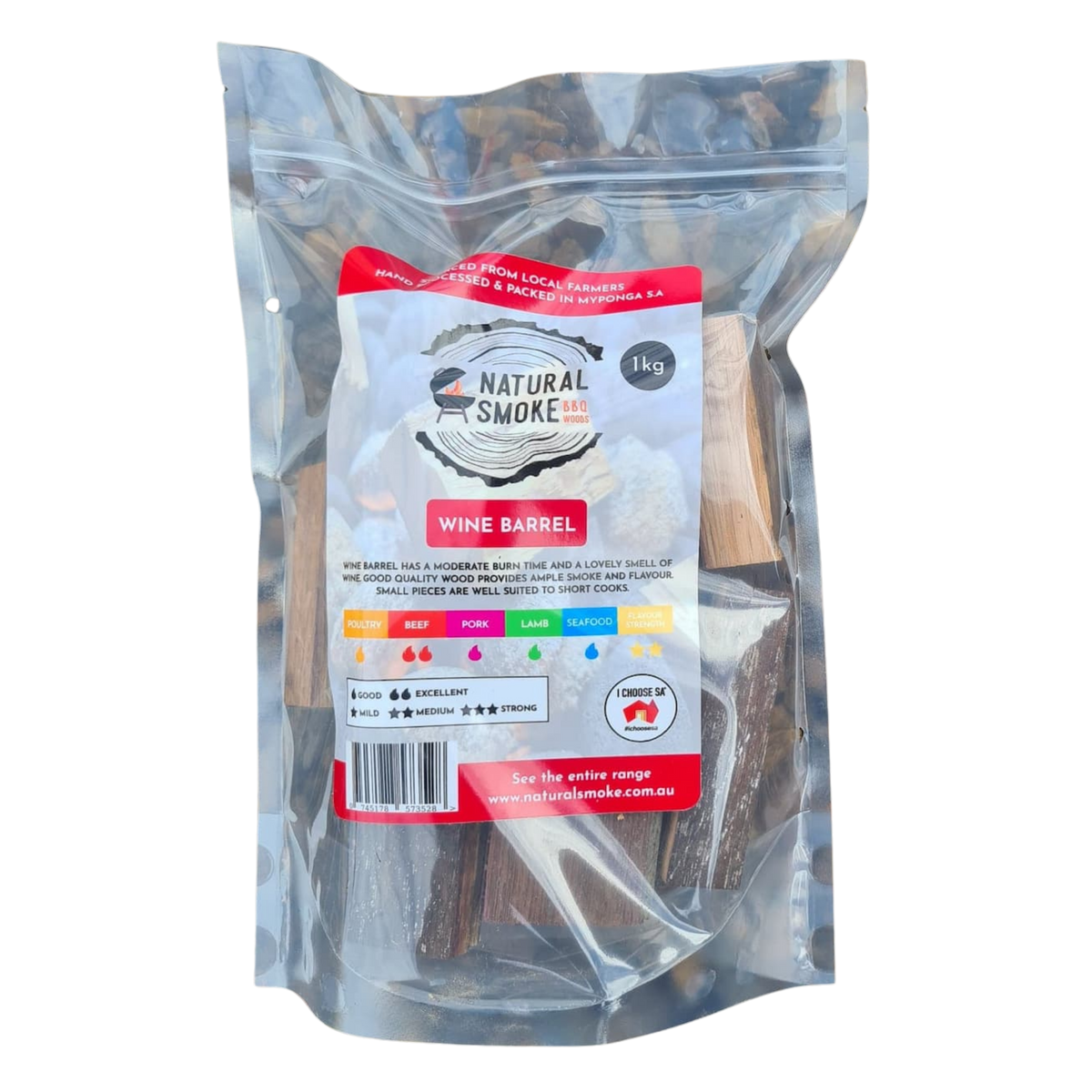 Natural Smoke BBQ Woods Wine Barrel wood chunks 1kg bag — front of bag on transparent background