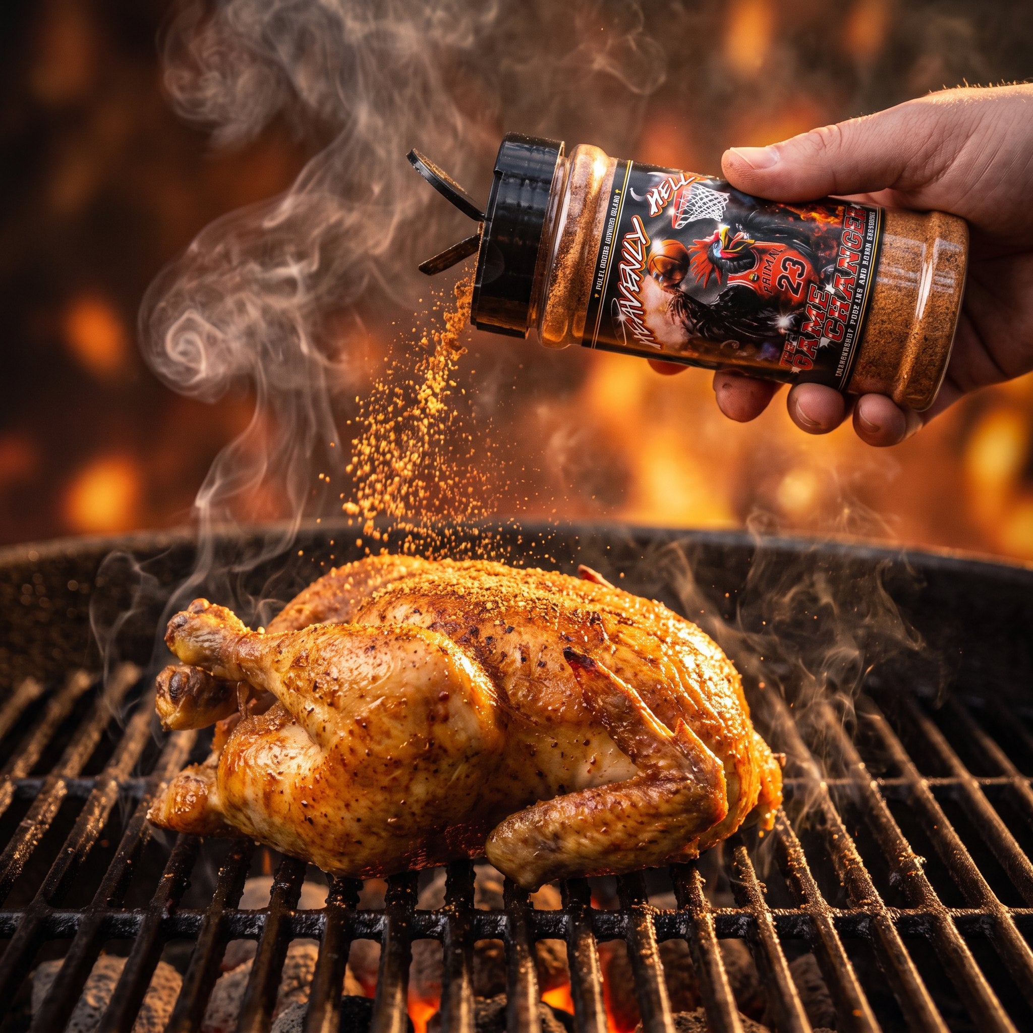 The Game Changer seasoning shaken onto a roast chicken on the grill