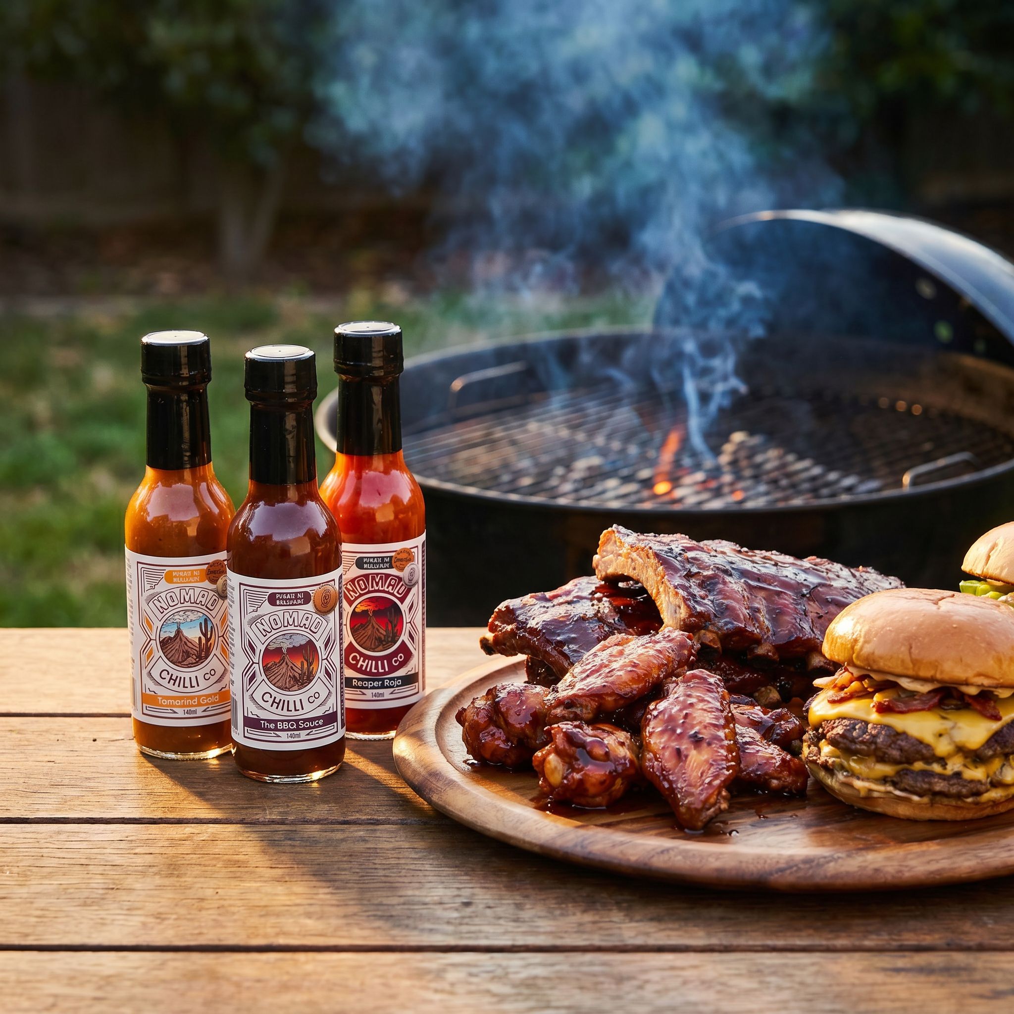 Nomad Chilli Co Barbecue Trio hot sauce bundle — three bottles beside a platter of ribs, wings and a burger by the grill