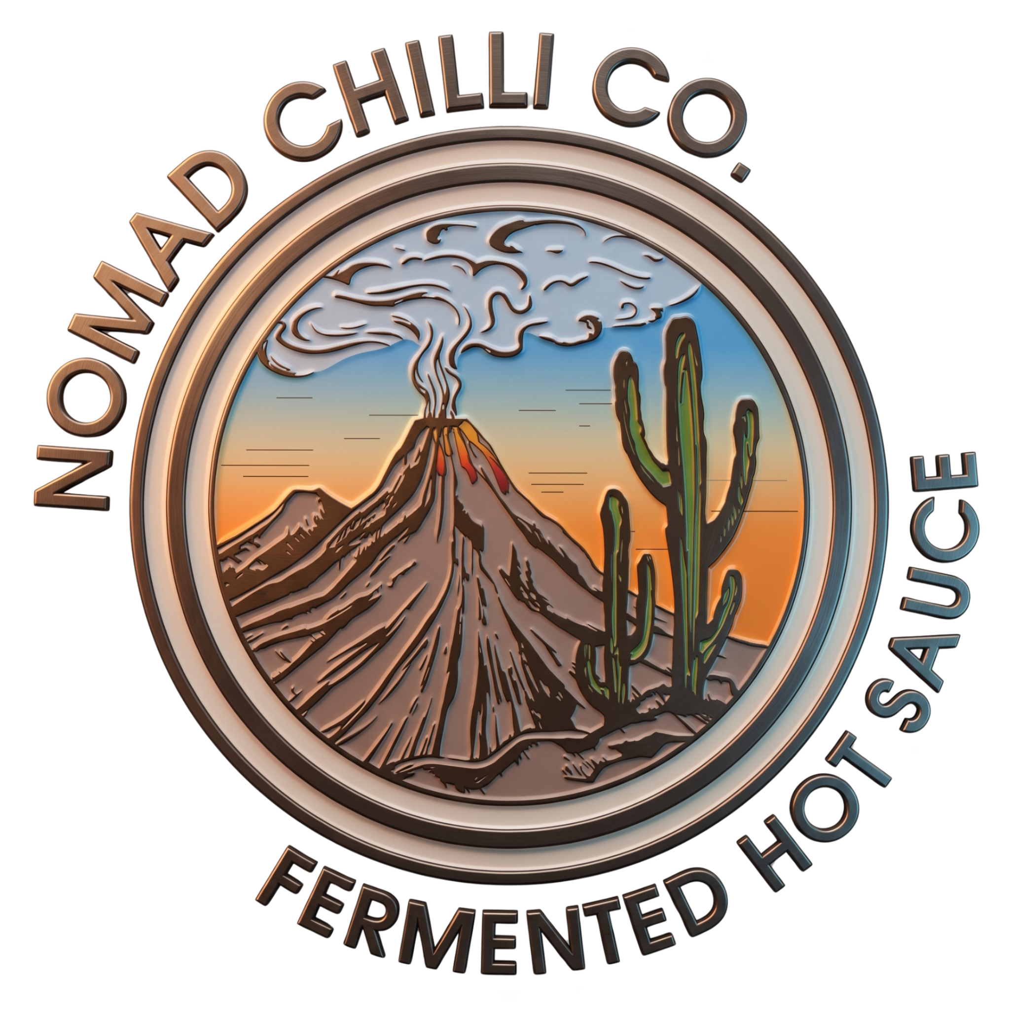 Nomad Chilli Co brand logo, erupting volcano and cactus desert roundel, fermented hot sauce, on transparent background