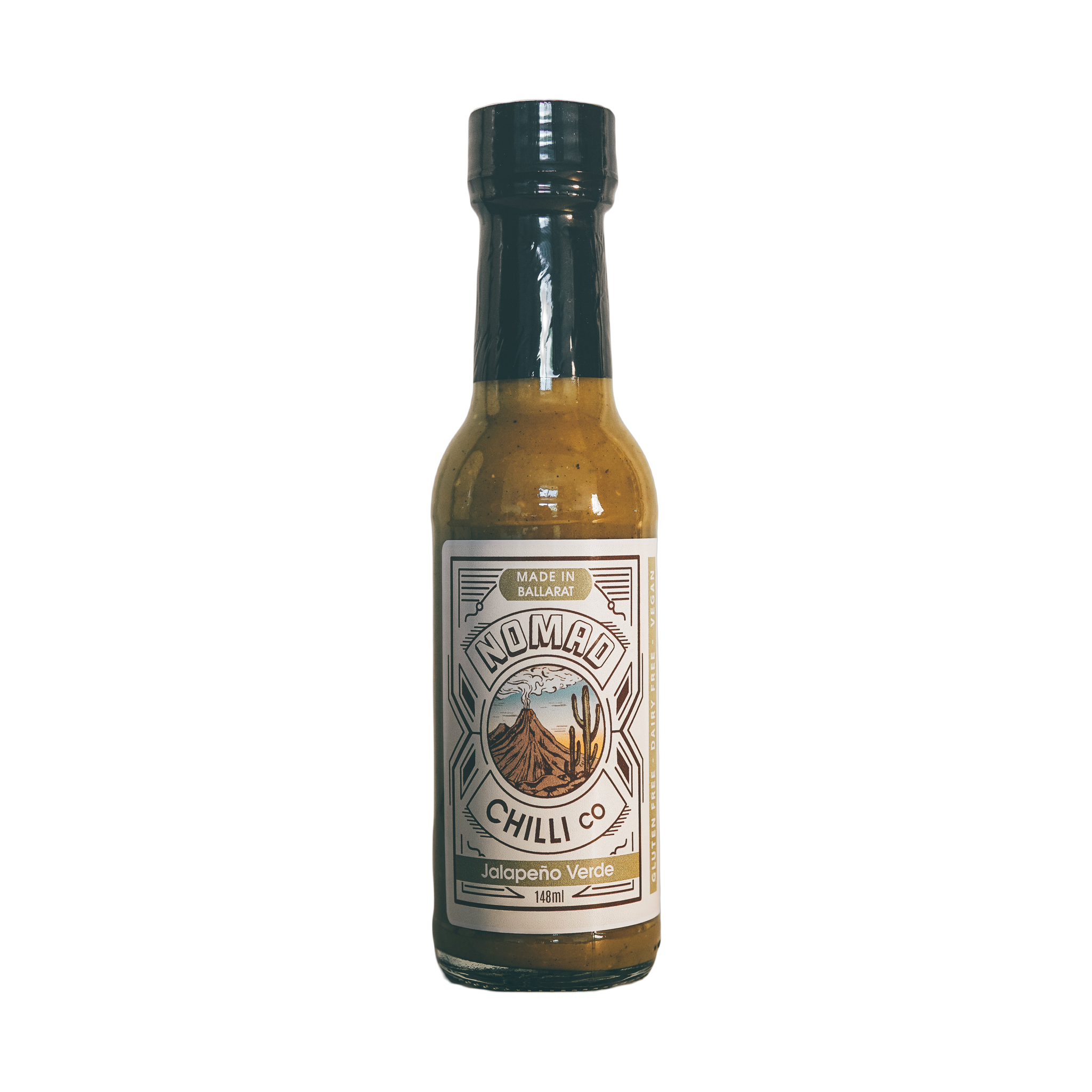 Nomad Chilli Co Jalapeno Verde fermented hot sauce 148ml, front of bottle on transparent background