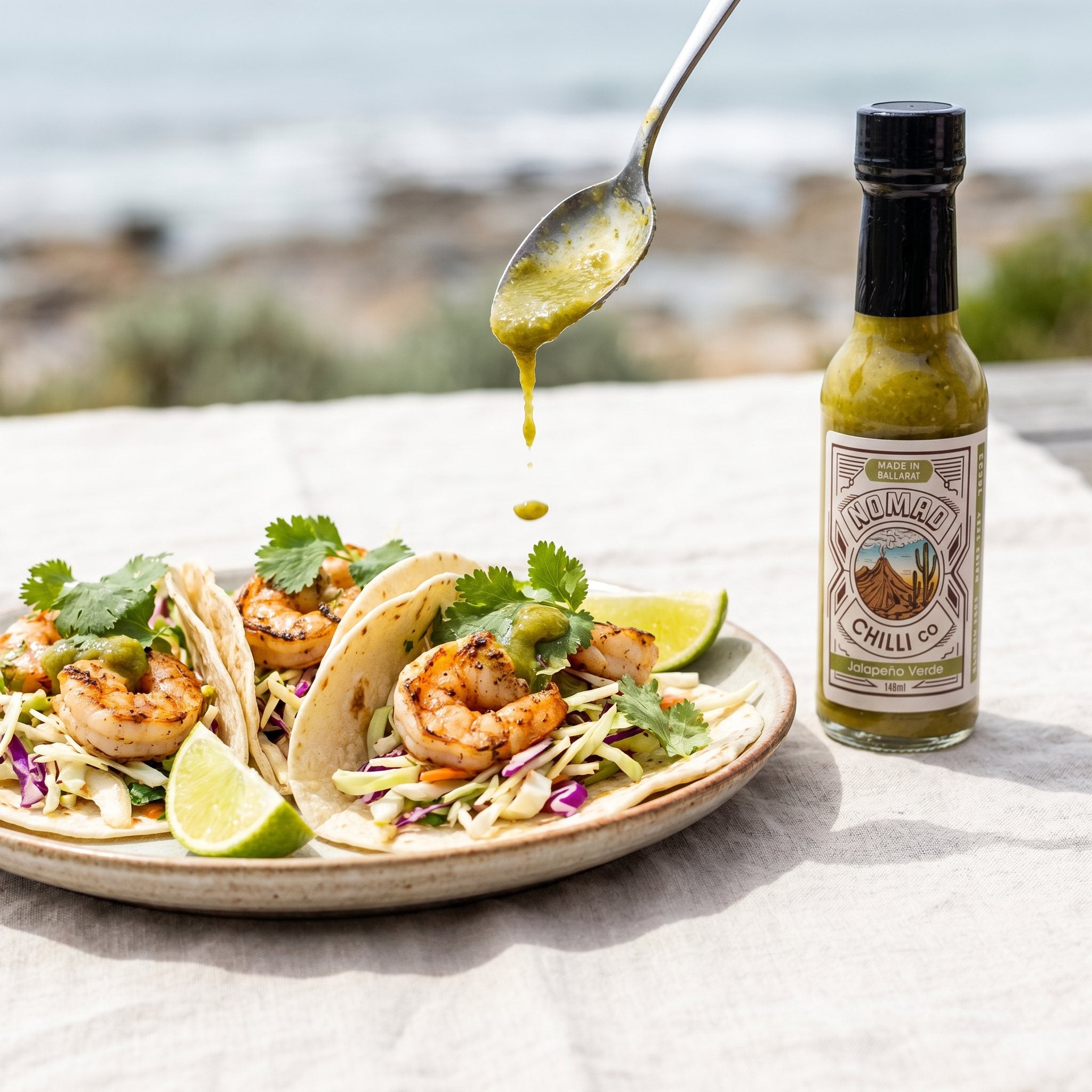 Nomad Chilli Co Jalapeño Verde hot sauce — grilled prawn fish tacos with green verde sauce by the sea