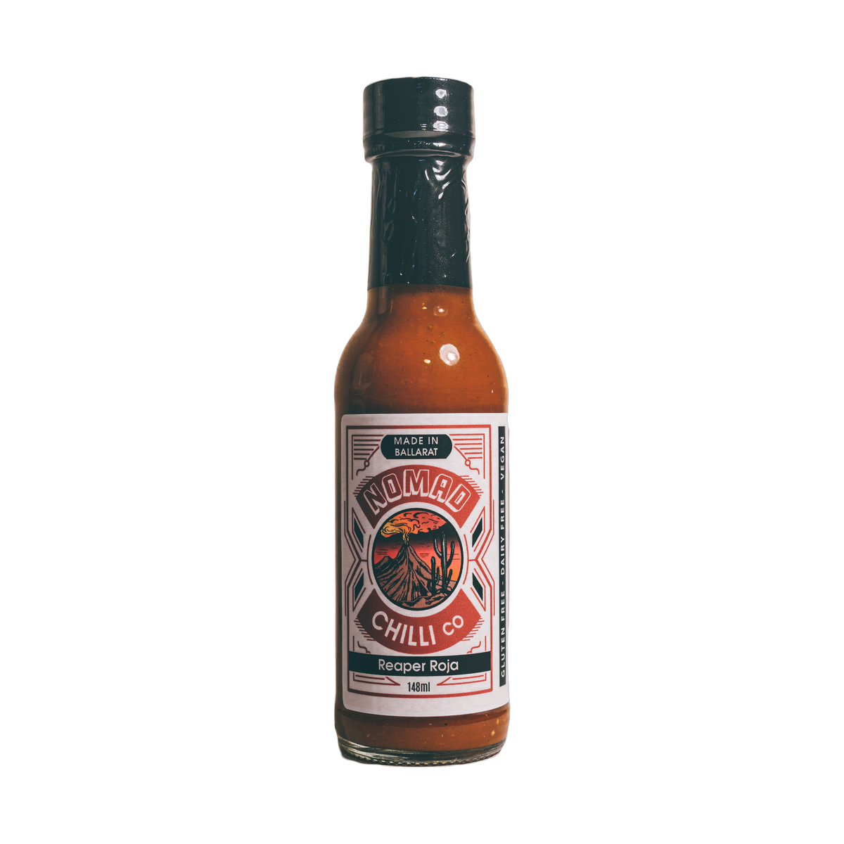 Nomad Chilli Co Reaper Roja fermented hot sauce 148ml, front of bottle on transparent background
