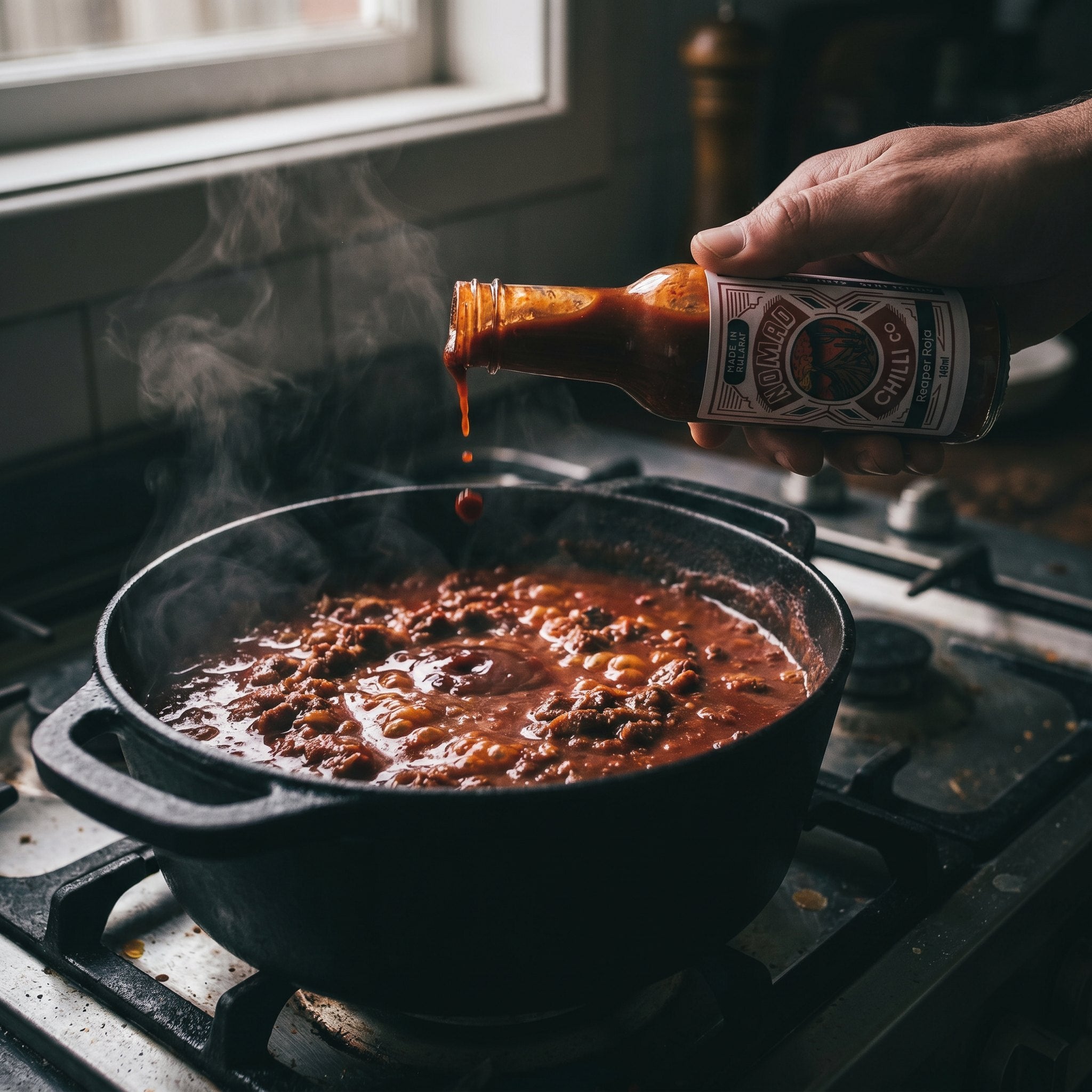 Nomad Chilli Co Reaper Roja hot sauce — a few drops added to a pot of bubbling chilli con carne