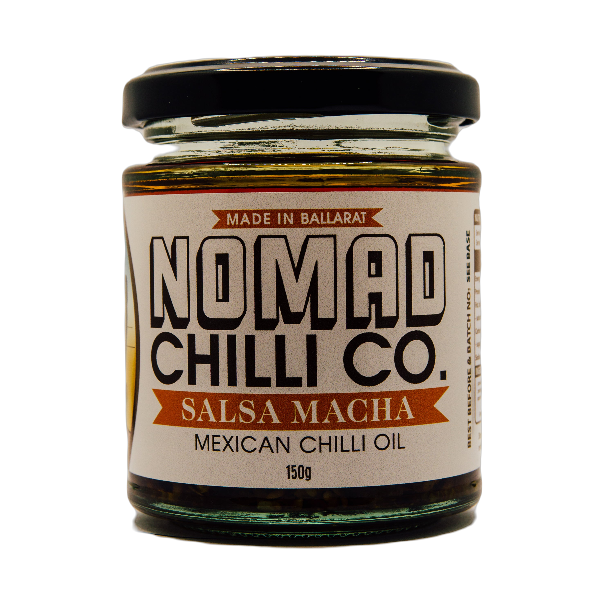 Nomad Chilli Co Salsa Macha Mexican chilli oil 150g, front of jar on transparent background