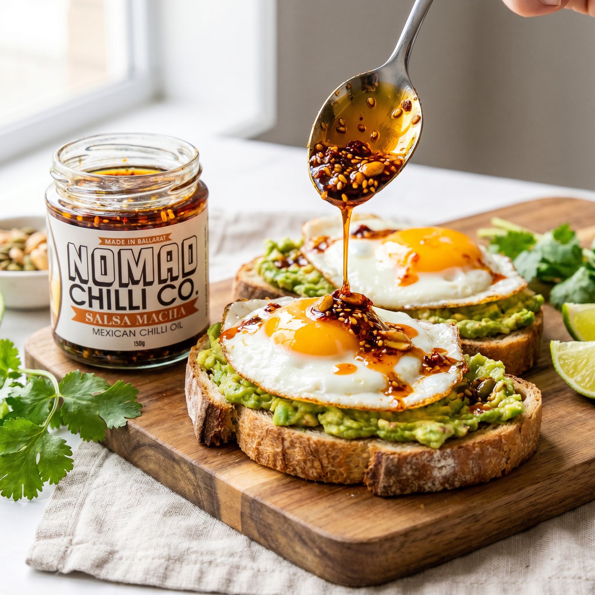 Nomad Chilli Co Salsa Macha chilli oil — crunchy chilli oil spooned over fried eggs on avocado toast