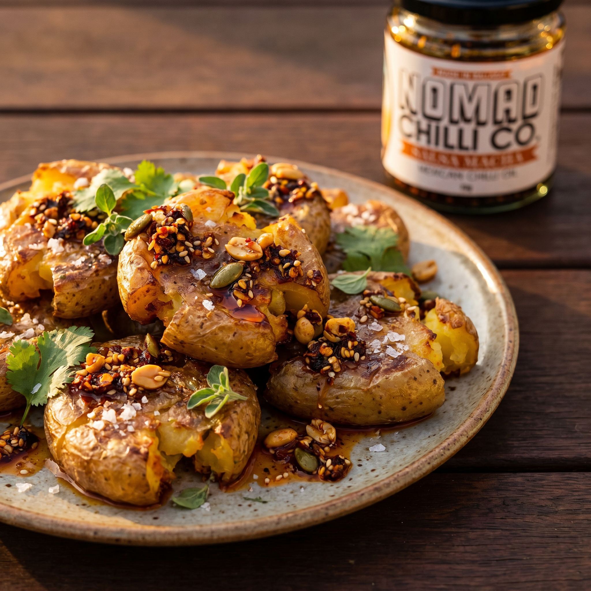 Nomad Chilli Co Salsa Macha chilli oil — crispy smashed potatoes topped with crunchy chilli oil