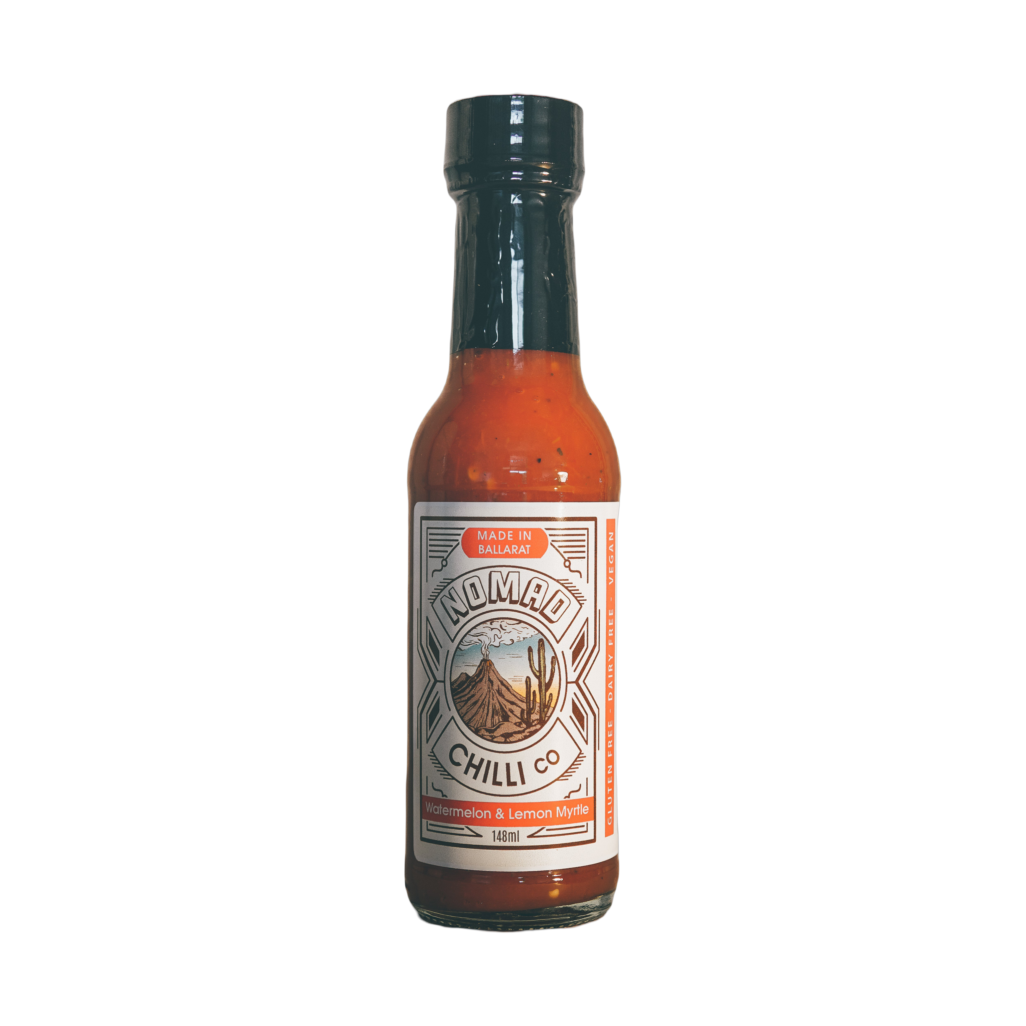 Nomad Chilli Co Watermelon and Lemon Myrtle fermented hot sauce 148ml, front of bottle on transparent background