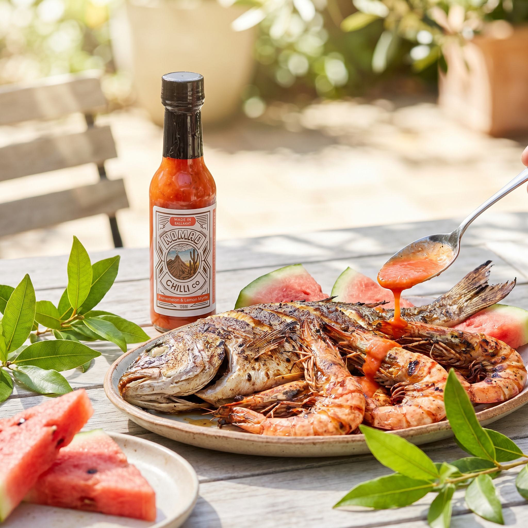 Nomad Chilli Co Watermelon & Lemon Myrtle hot sauce — barbecued whole fish and prawns drizzled at a summer table