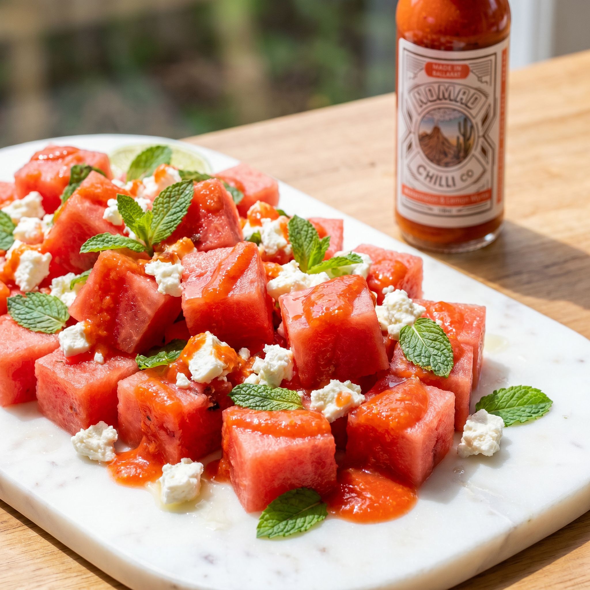 Nomad Chilli Co Watermelon & Lemon Myrtle hot sauce — watermelon and feta salad drizzled with sweet-heat sauce