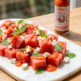 Nomad Chilli Co Watermelon & Lemon Myrtle hot sauce — watermelon and feta salad drizzled with sweet-heat sauce