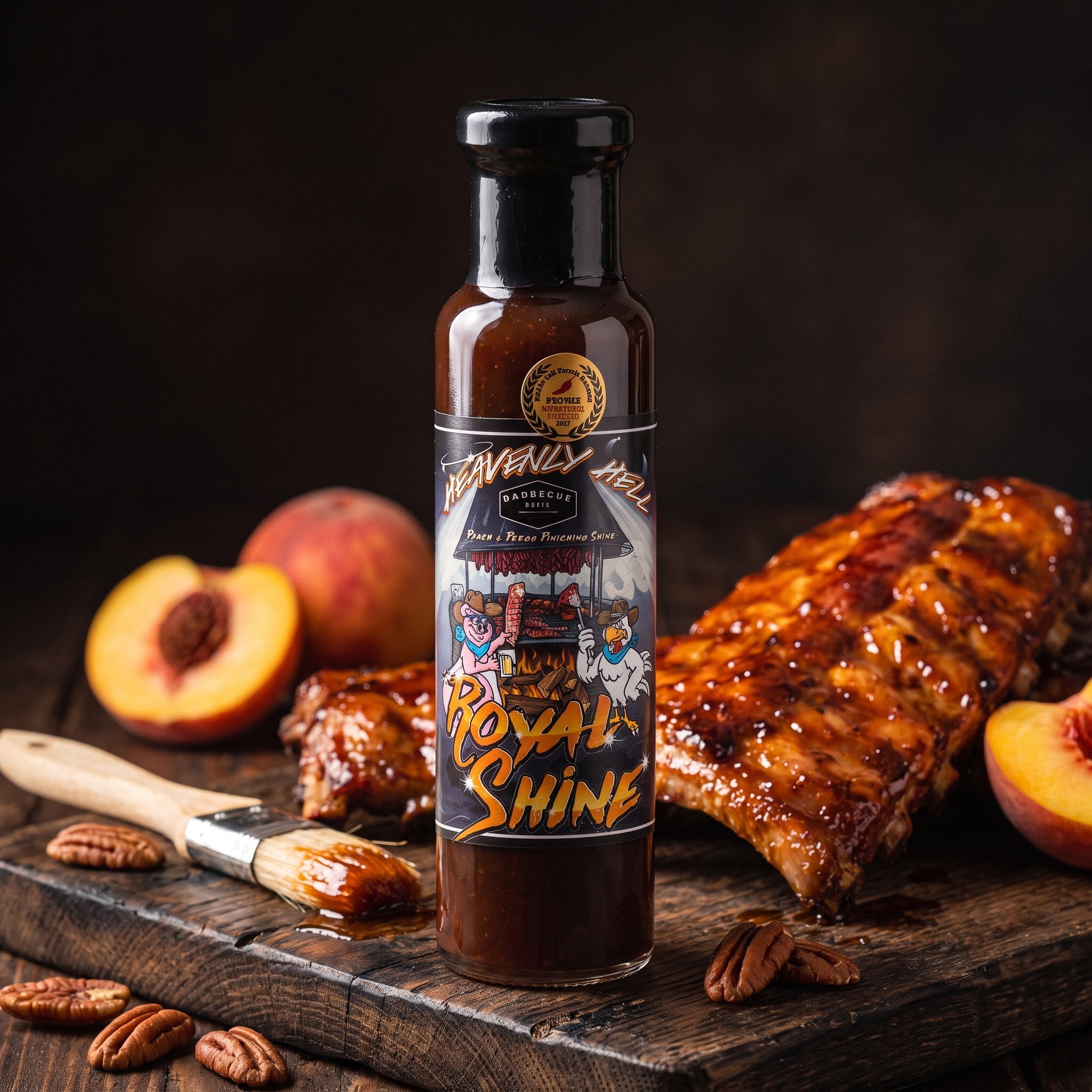 Royal Shine peach pecan glaze styled with glazed pork ribs