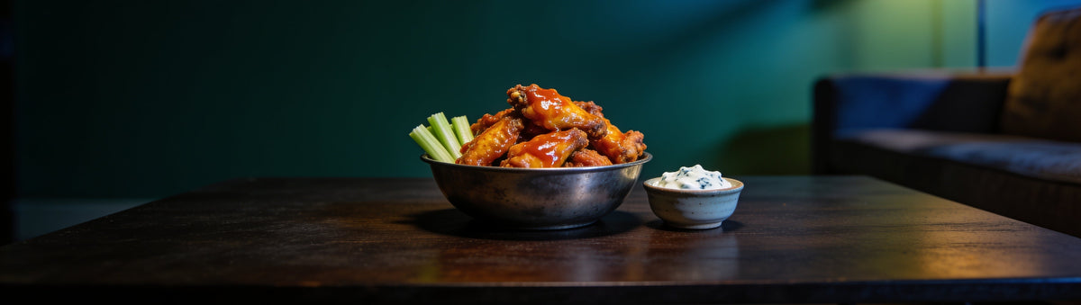 Buffalo chicken wings with celery and blue cheese dip on a lounge coffee table – Old Bones Chilli Co Buffalo Sauce