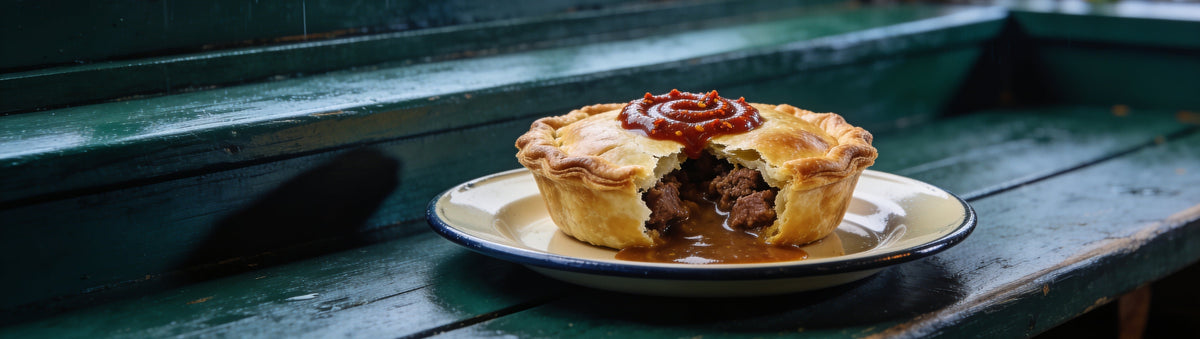 Aussie meat pie topped with smoked garlic chilli sauce on a rainy-day window bench – Old Bones Chilli Co