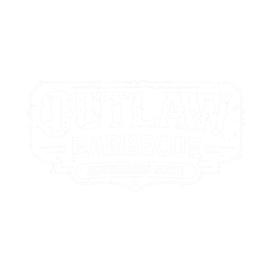 Outlaw Barbecue barbecue brand logo, distressed western badge with Australian Made banner, white on transparent background