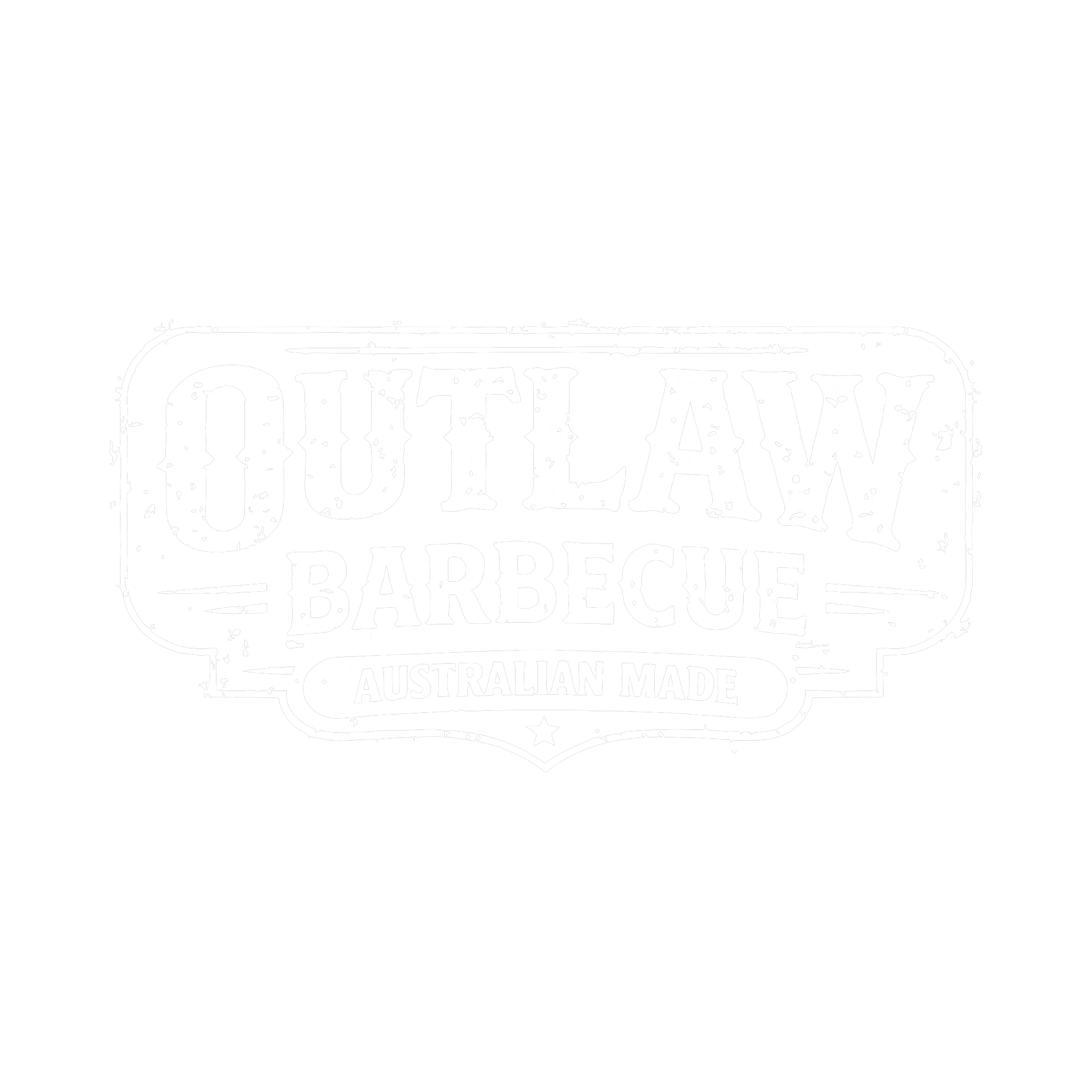 Outlaw Barbecue barbecue brand logo, distressed western badge with Australian Made banner, white on transparent background — Gold Rush