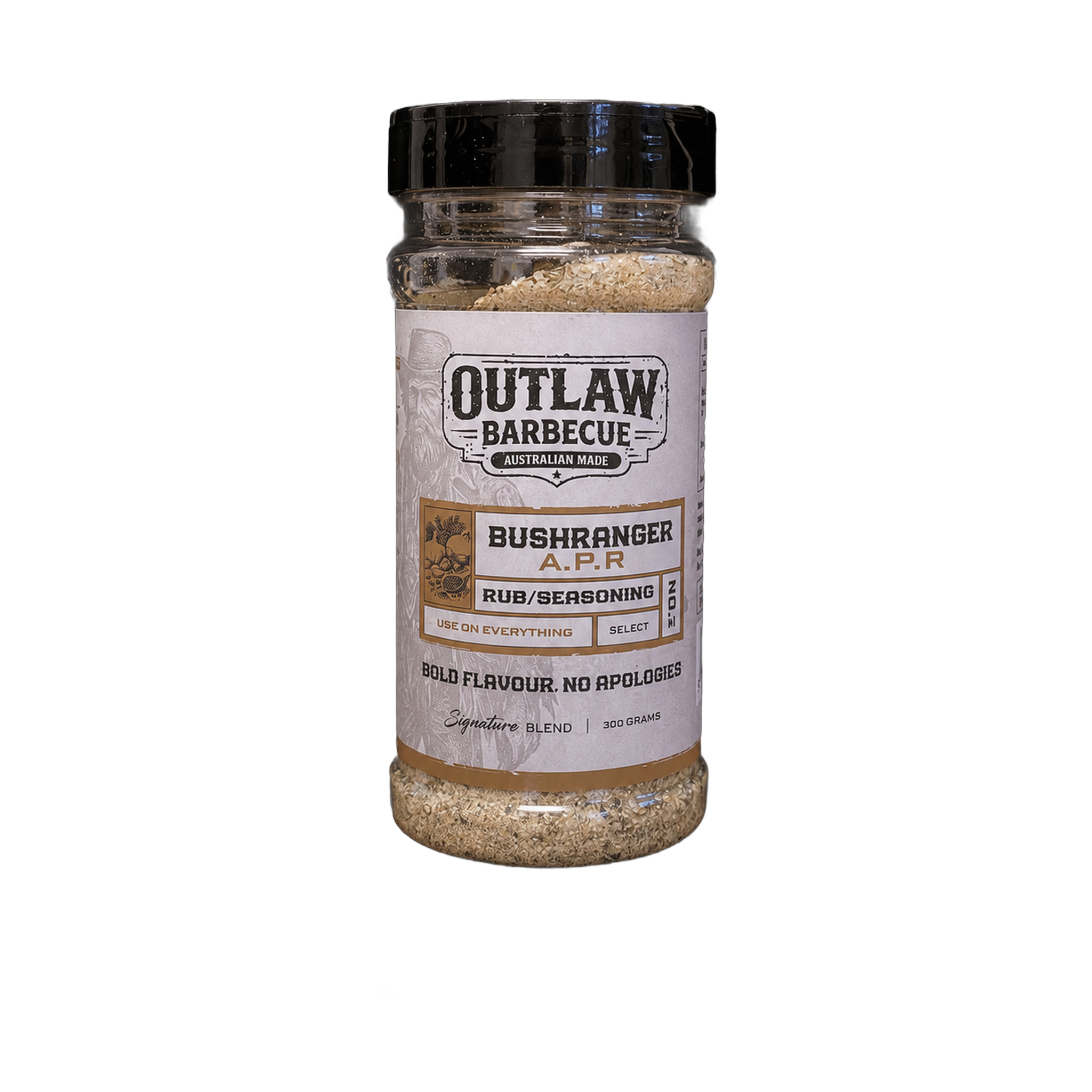 Outlaw Barbecue four pack bundle — Bushranger A.P.R. 300g all purpose rub shaker, transparent background