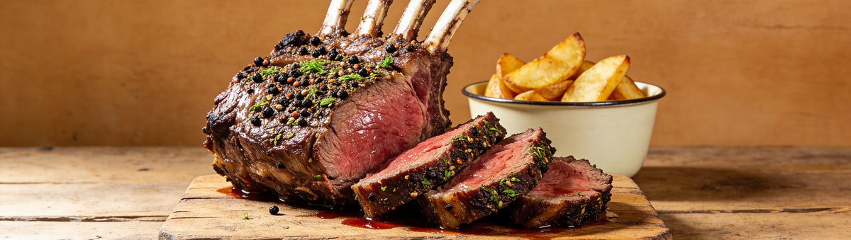 Outlaw Barbecue Bushranger A.P.R. all purpose rub with a sliced peppery beef rib roast on a weathered timber board