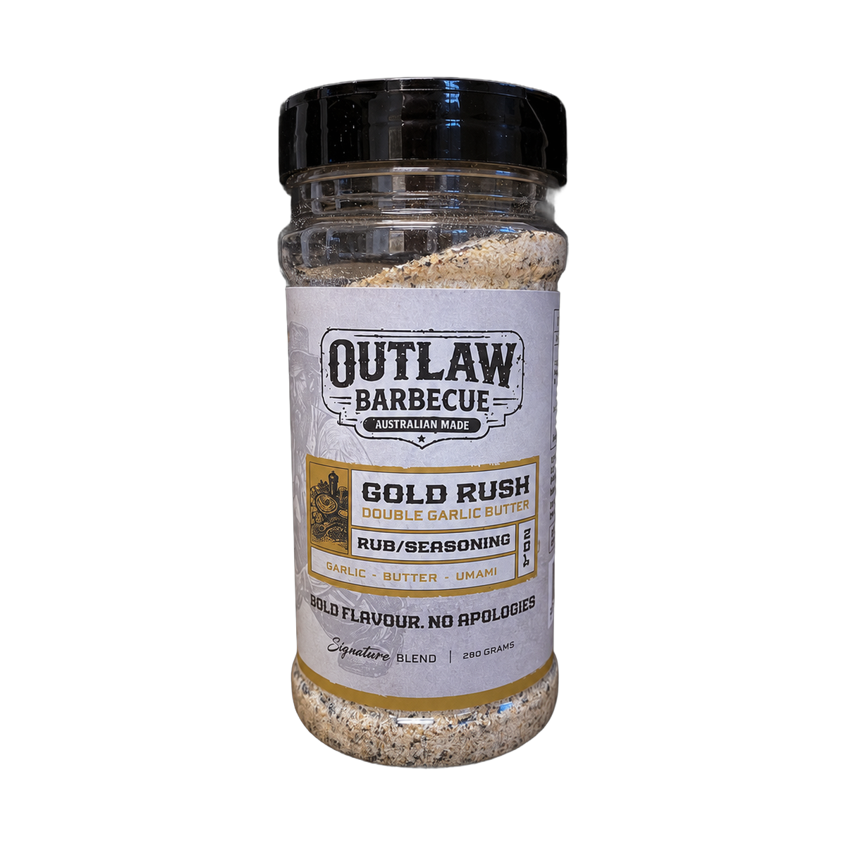 Outlaw Barbecue Gold Rush 280g double garlic butter BBQ rub — front of shaker on transparent background