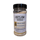 Outlaw Barbecue Gold Rush 280g double garlic butter BBQ rub — front of shaker on transparent background