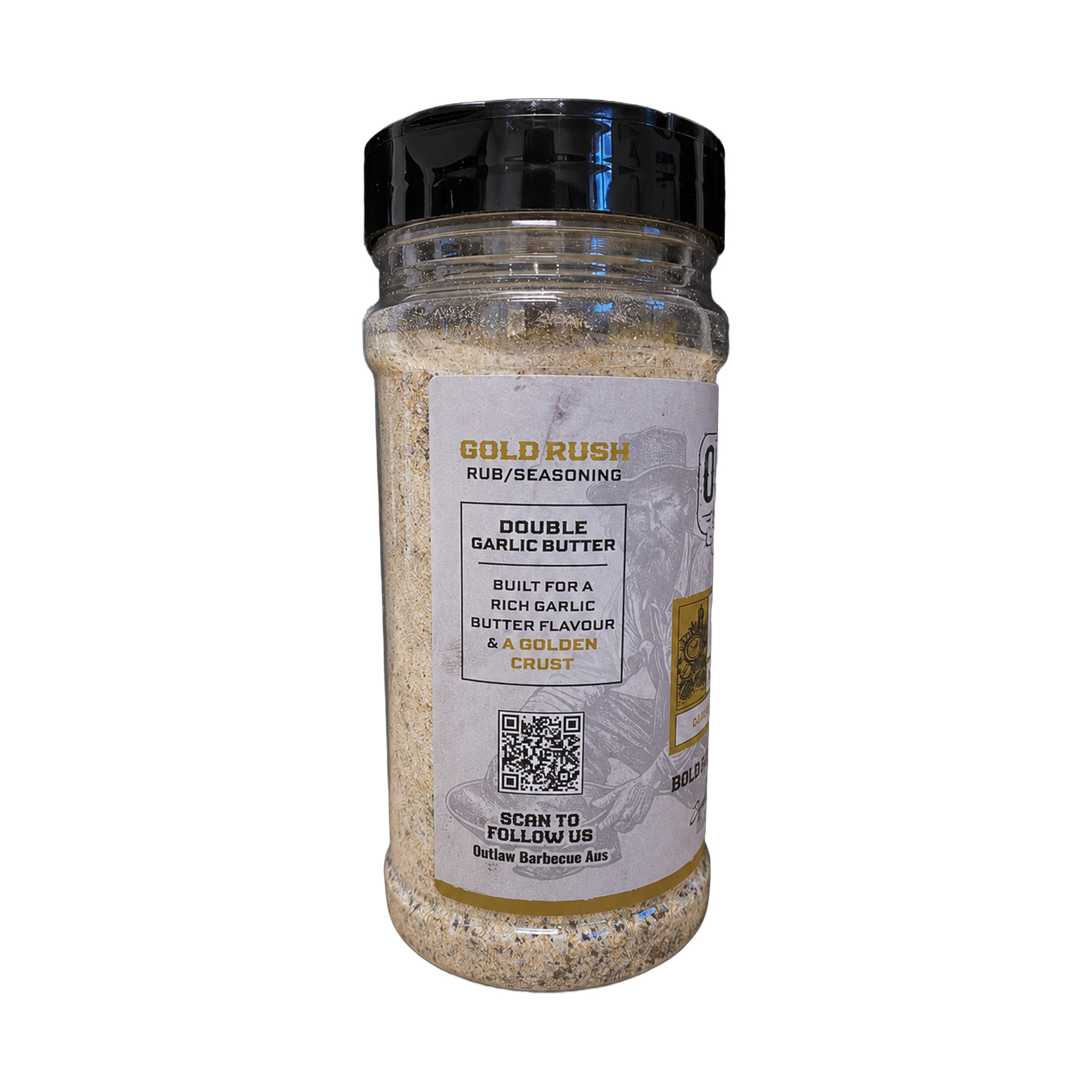 Outlaw Barbecue Gold Rush 280g garlic butter BBQ rub — side label detail, transparent background