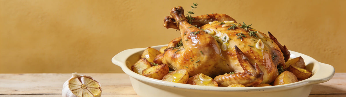Outlaw Barbecue Gold Rush garlic butter rub with a golden roast chicken and buttery potatoes on a cream enamel platter