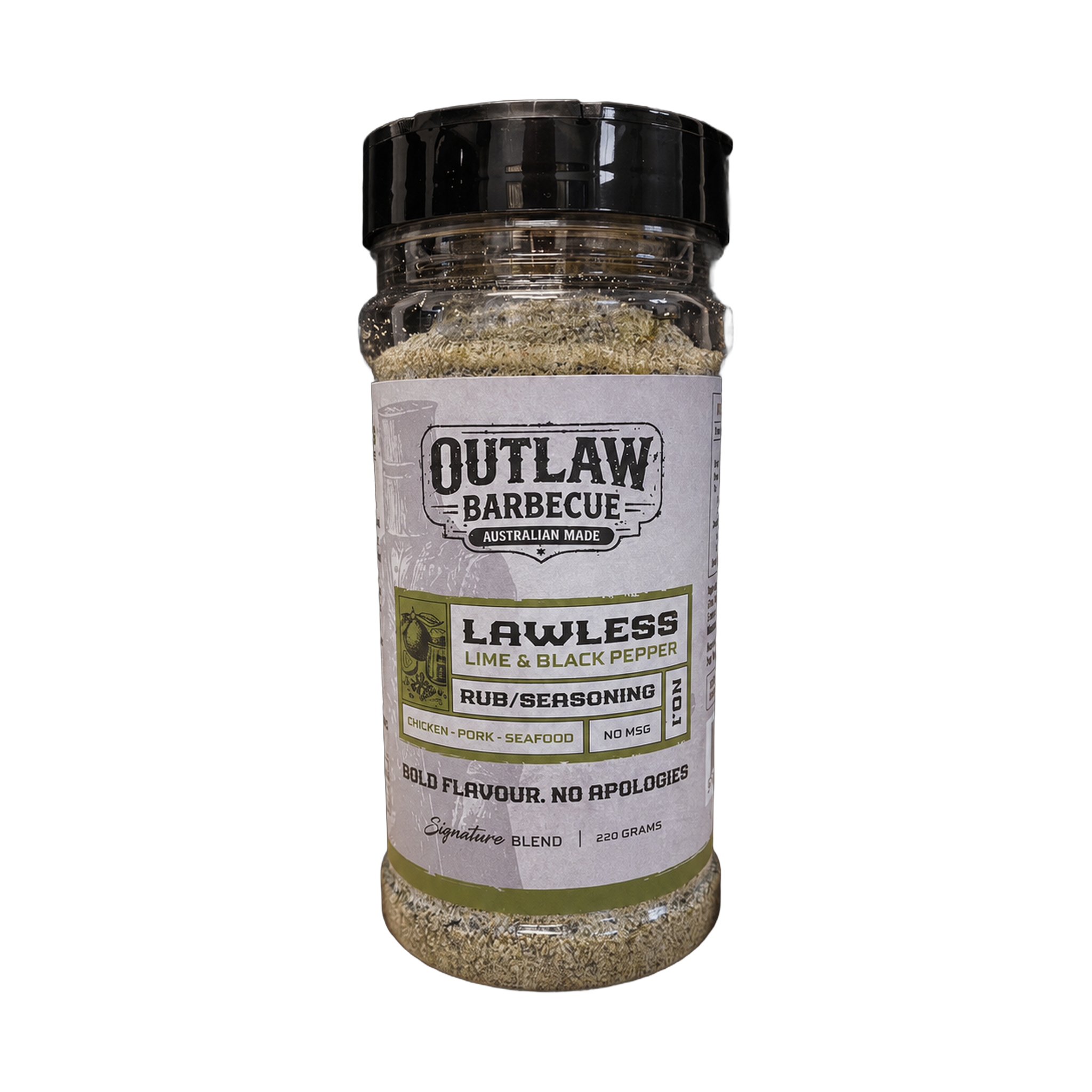 Outlaw Barbecue Lawless 220g lime and black pepper BBQ rub — front of shaker on transparent background