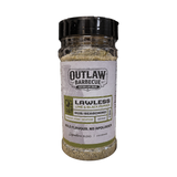Outlaw Barbecue Lawless 220g lime and black pepper BBQ rub — front of shaker on transparent background