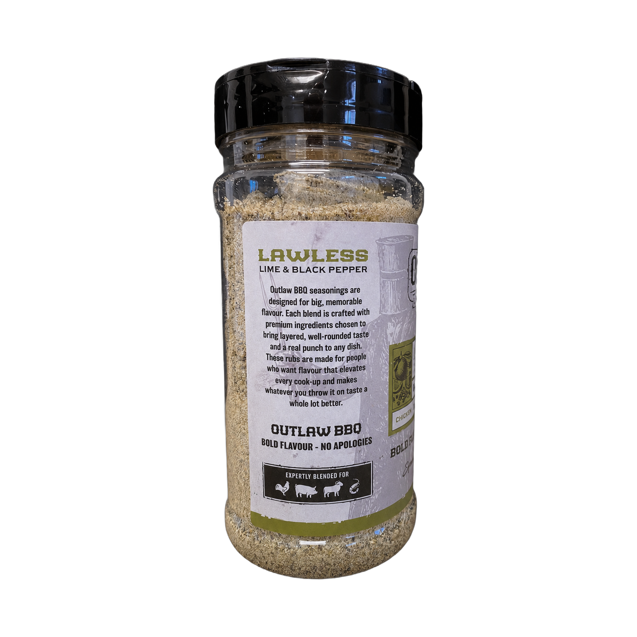 Outlaw Barbecue Lawless 220g lime and black pepper BBQ rub — side label detail, transparent background