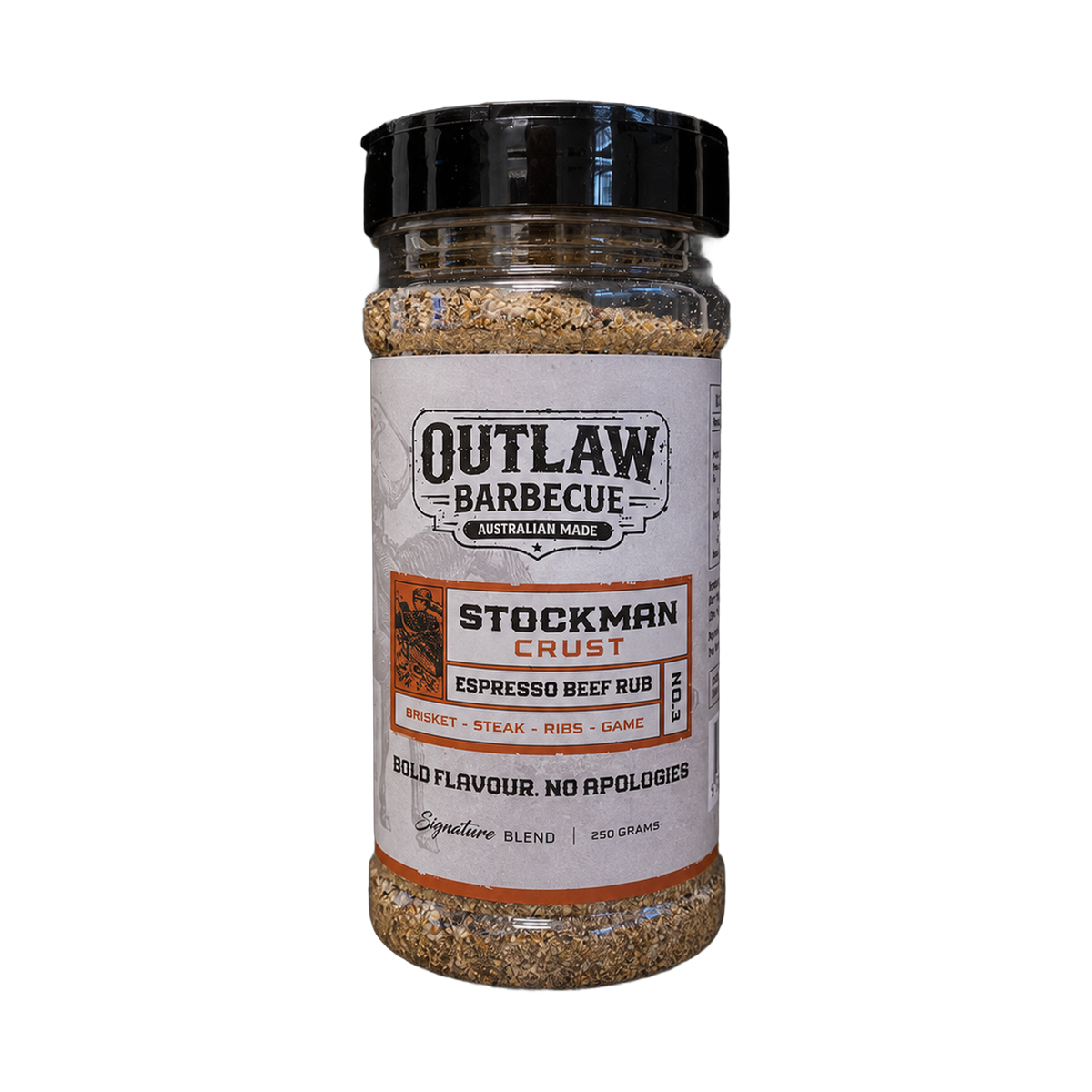 Outlaw Barbecue Stockman CRUST 250g espresso beef rub — front of shaker on transparent background