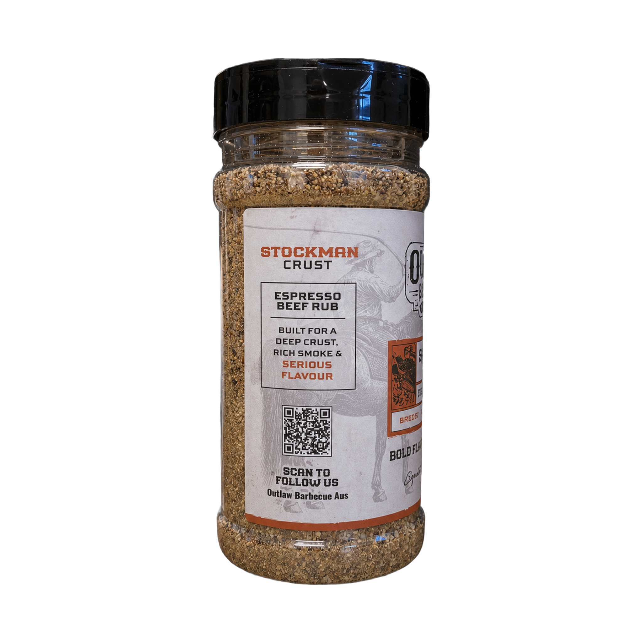 Outlaw Barbecue Stockman CRUST 250g espresso beef rub — side label detail, transparent background