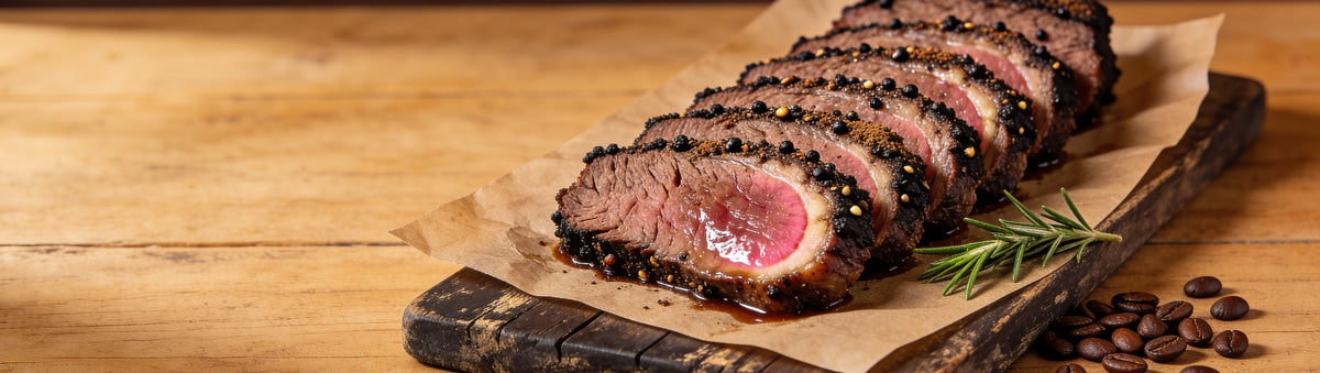 Outlaw Barbecue Stockman CRUST espresso beef rub with sliced brisket and a near-black coffee-pepper crust on butcher paper