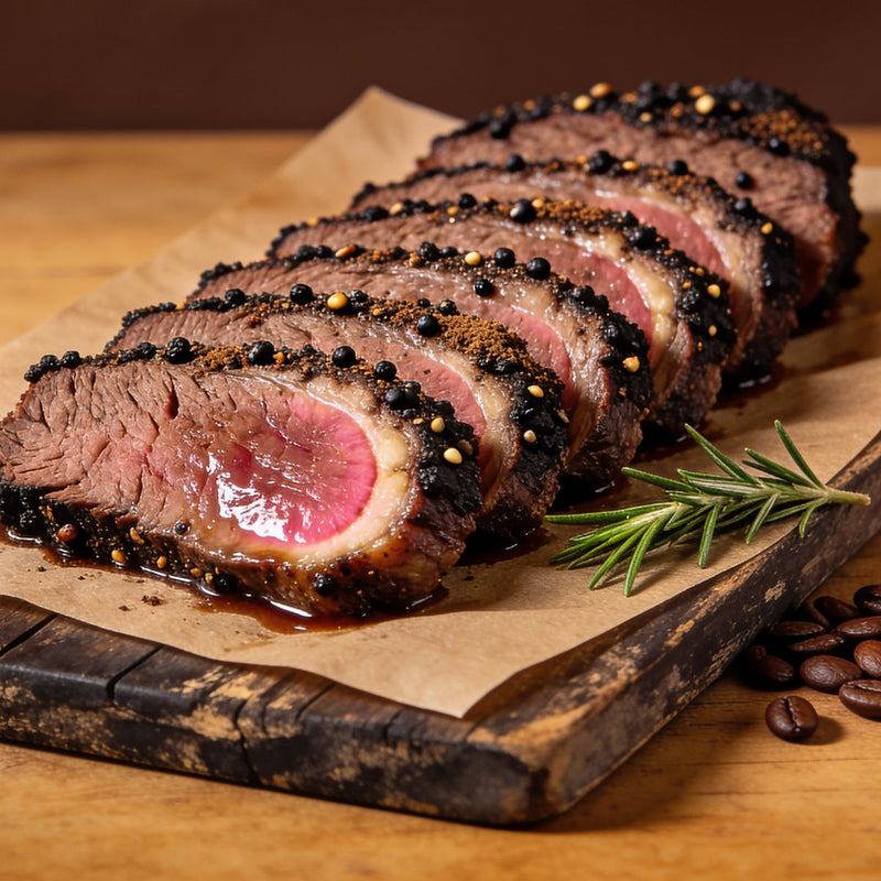 Outlaw Barbecue Stockman CRUST espresso beef rub with sliced brisket and a near-black coffee-pepper crust on butcher paper lifestyle photo