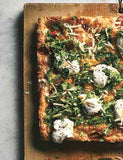 Perfect Pan Pizza by Peter Reinhart hardback cookbook — square pizza topped with rocket and ricotta