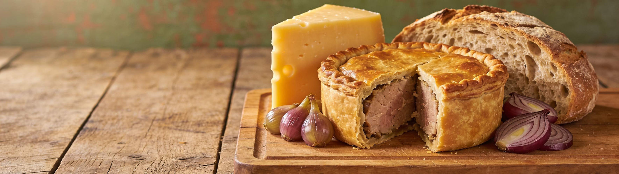 Particularly British Piccalilli lifestyle banner — pork pie, cheese and bread on a rustic board