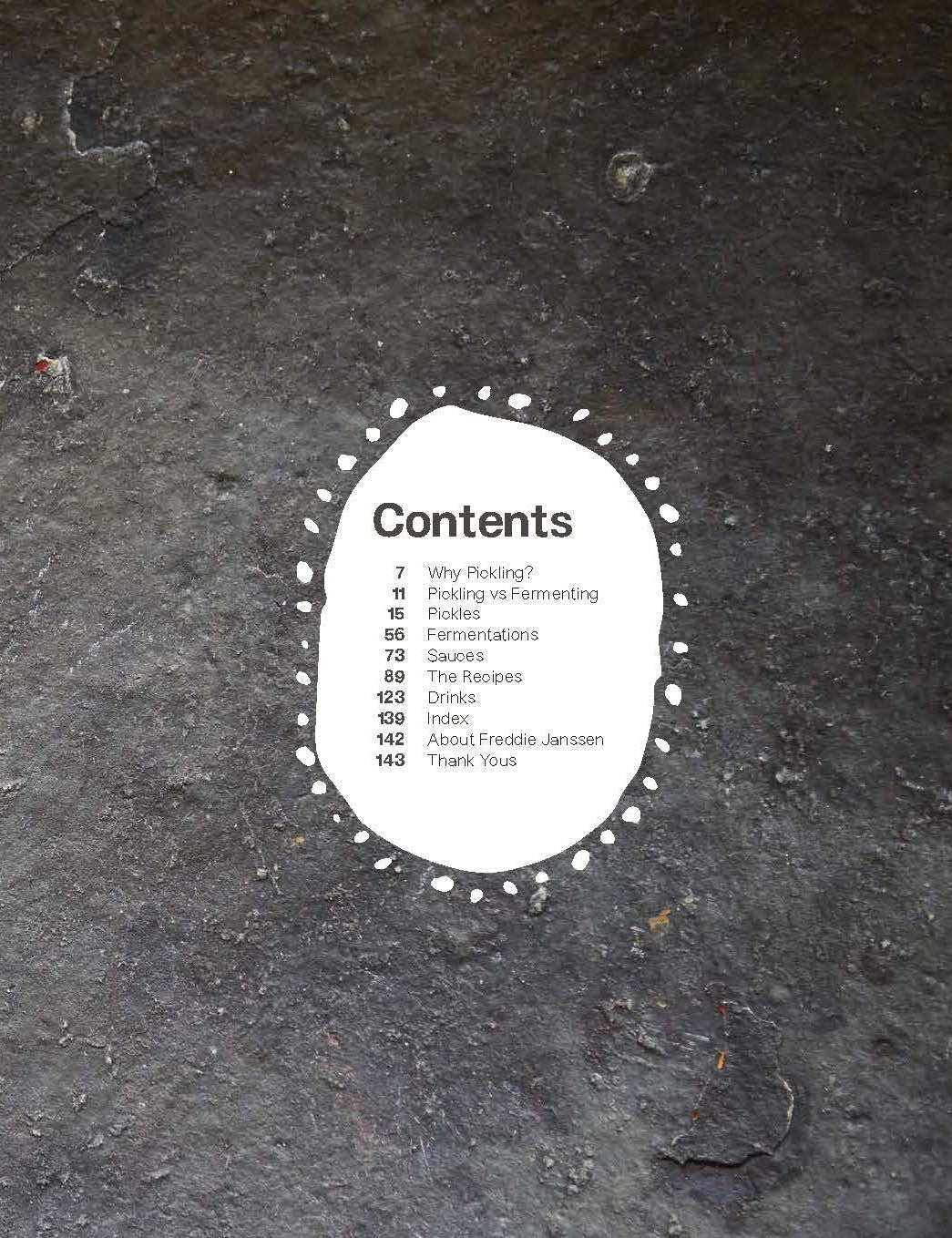 Pickled by Freddie Janssen paperback cookbook — illustrated contents page