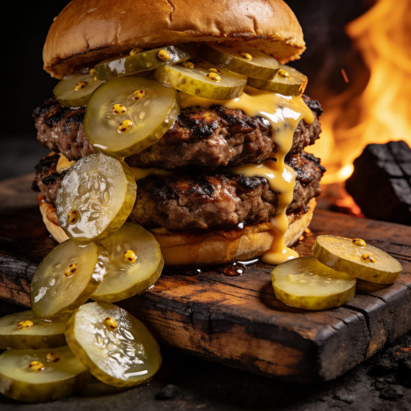 Pickles category lifestyle photo - burger with glossy pickle slices lifestyle photo