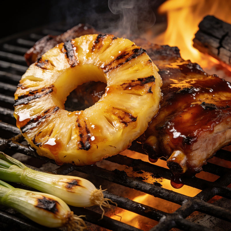 Pineapple category lifestyle photo - grilled pineapple ring with glazed ribs lifestyle photo