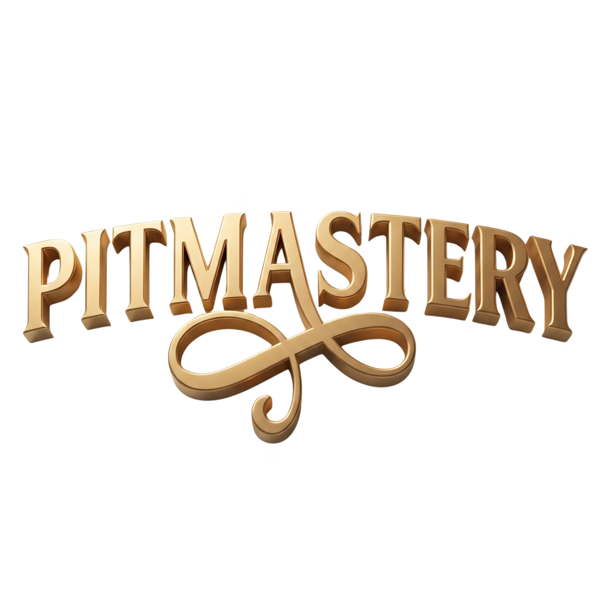Pitmastery brand logo, gold 3D wordmark with a flourish underline, on transparent background