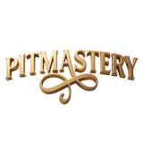 Pitmastery brand logo, gold 3D wordmark with a flourish underline, on transparent background