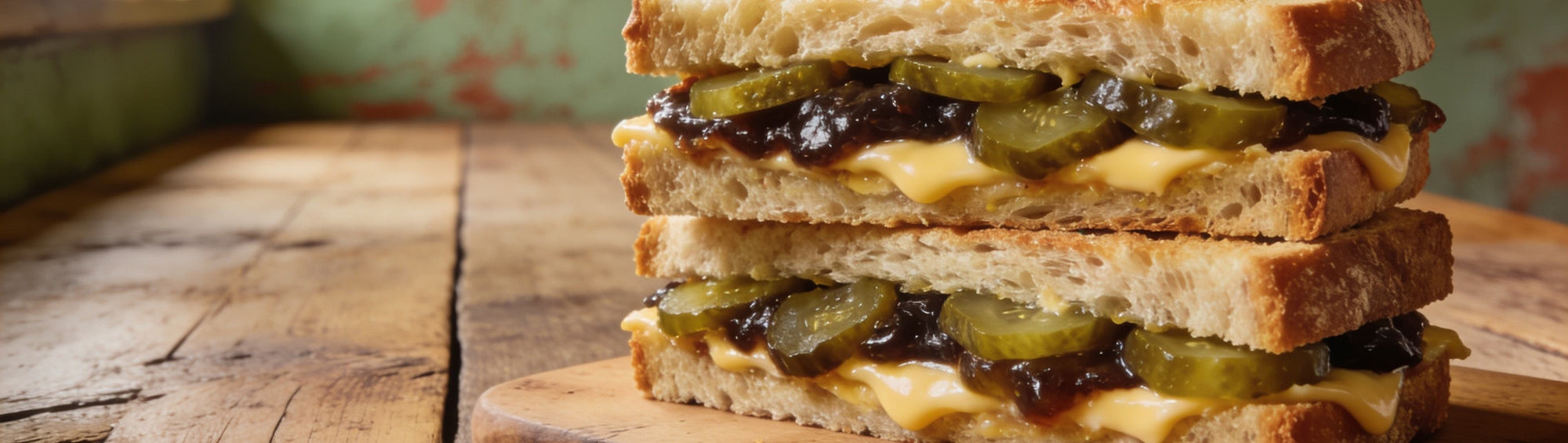 Perfect Ploughman's Pickle lifestyle banner — cheese and pickle sandwich