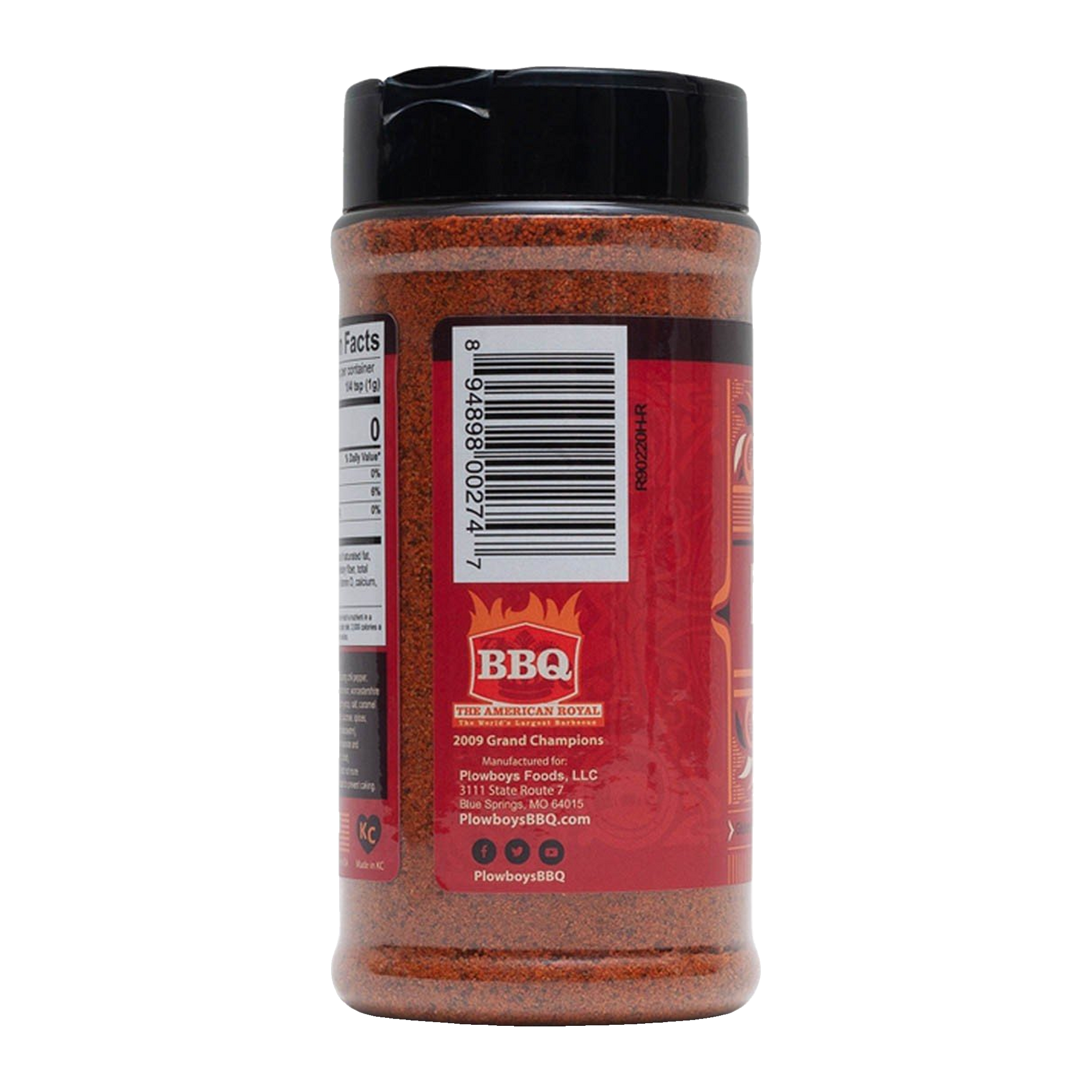 Plowboys BBQ Bovine Bold Rub 340g — back of shaker showing barcode and American Royal 2009 Grand Champions mark