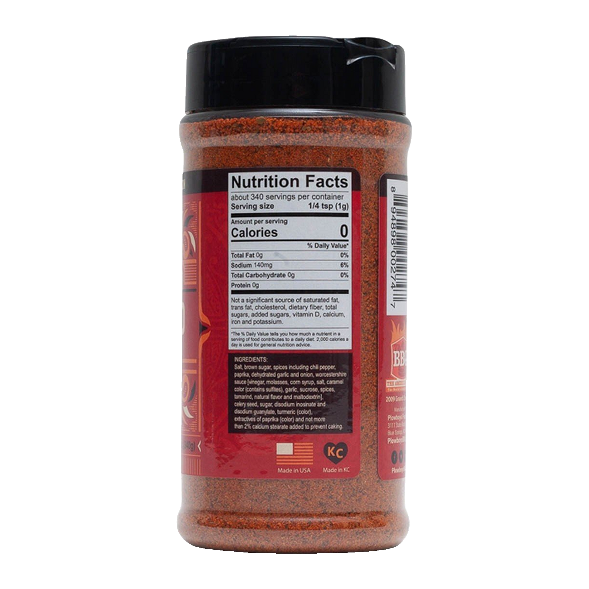 Plowboys BBQ Bovine Bold Rub 340g — side of shaker showing ingredients and nutrition panel